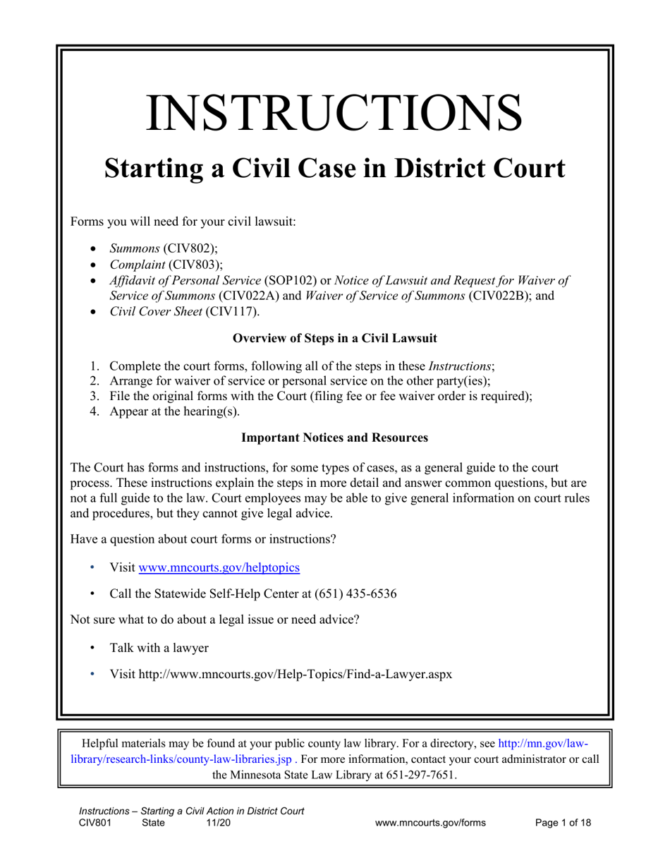 Form CIV801 Instructions - Starting a Civil Case in District Court - Minnesota, Page 1