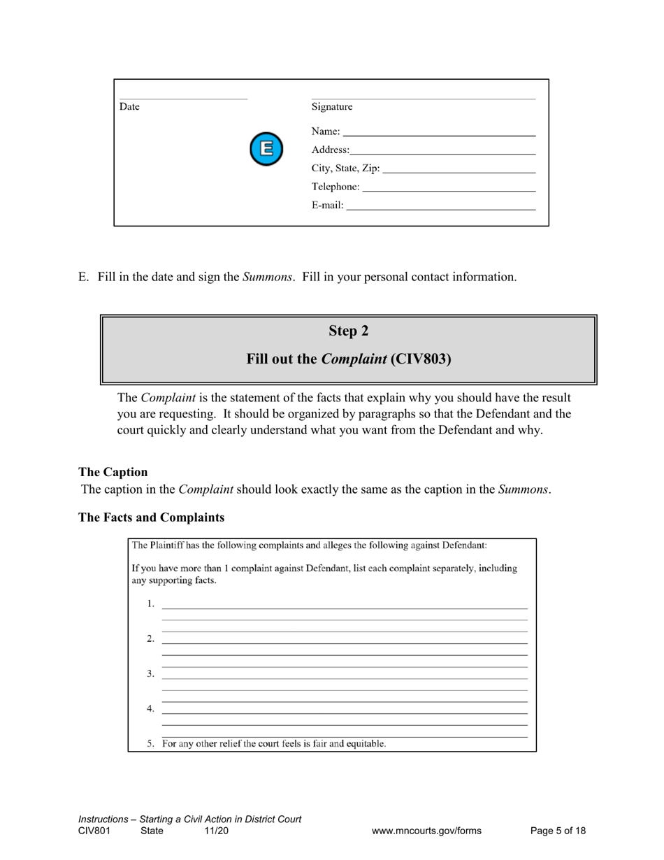 Form CIV801 Instructions - Starting a Civil Case in District Court - Minnesota, Page 5