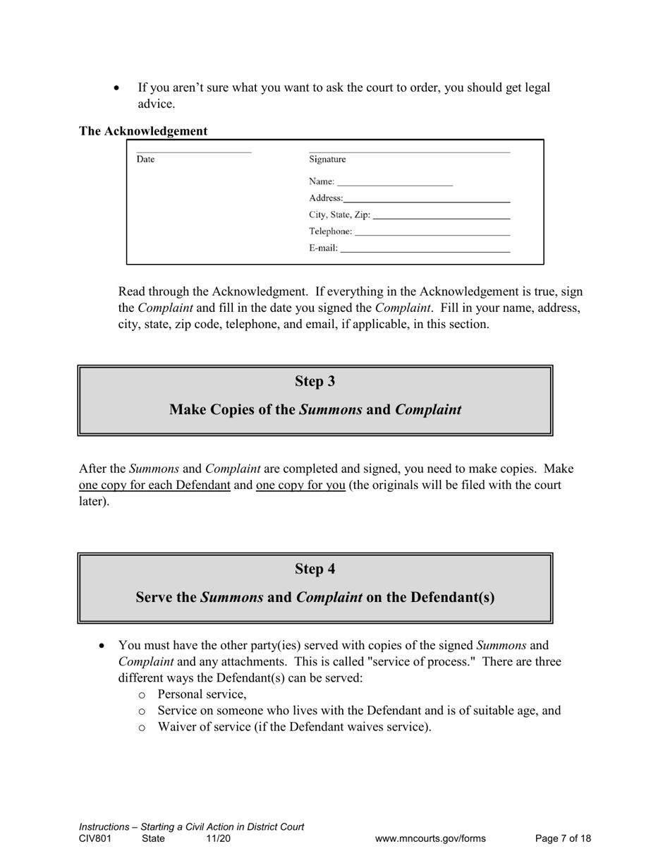 Form CIV801 Instructions - Starting a Civil Case in District Court - Minnesota, Page 7