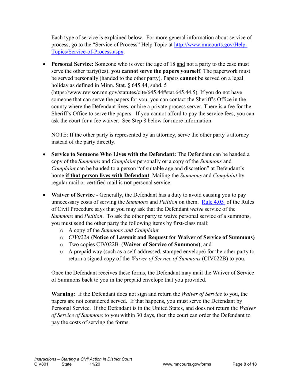 Form CIV801 Instructions - Starting a Civil Case in District Court - Minnesota, Page 8