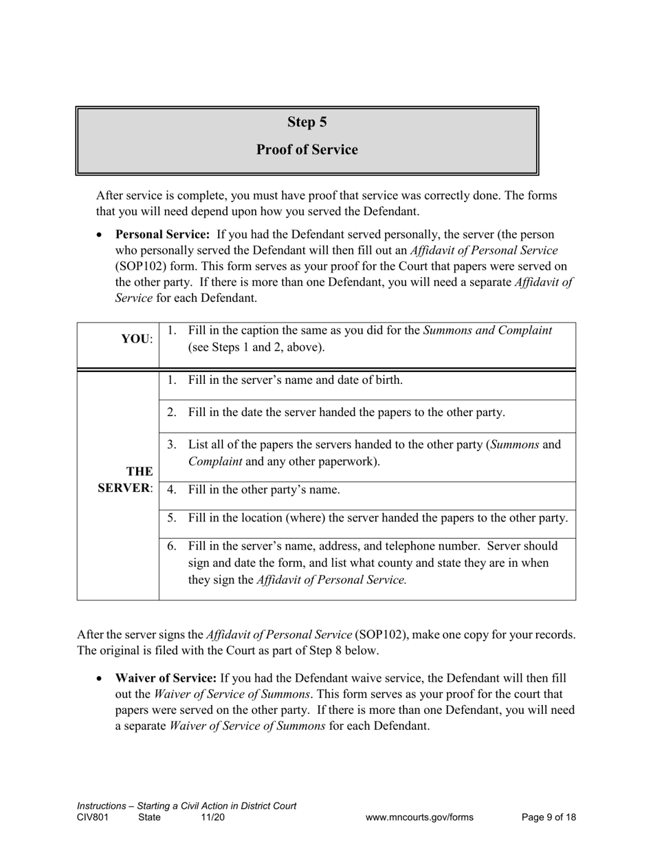 Form CIV801 Instructions - Starting a Civil Case in District Court - Minnesota, Page 9