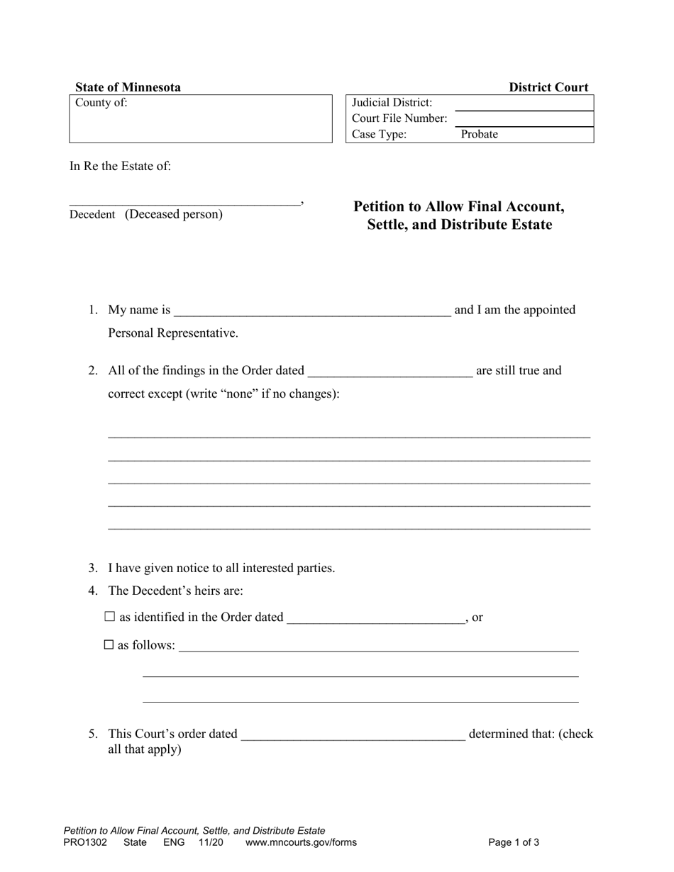 Form PRO1302 Petition to Allow Final Account, Settle, and Distribute Estate - Minnesota, Page 1