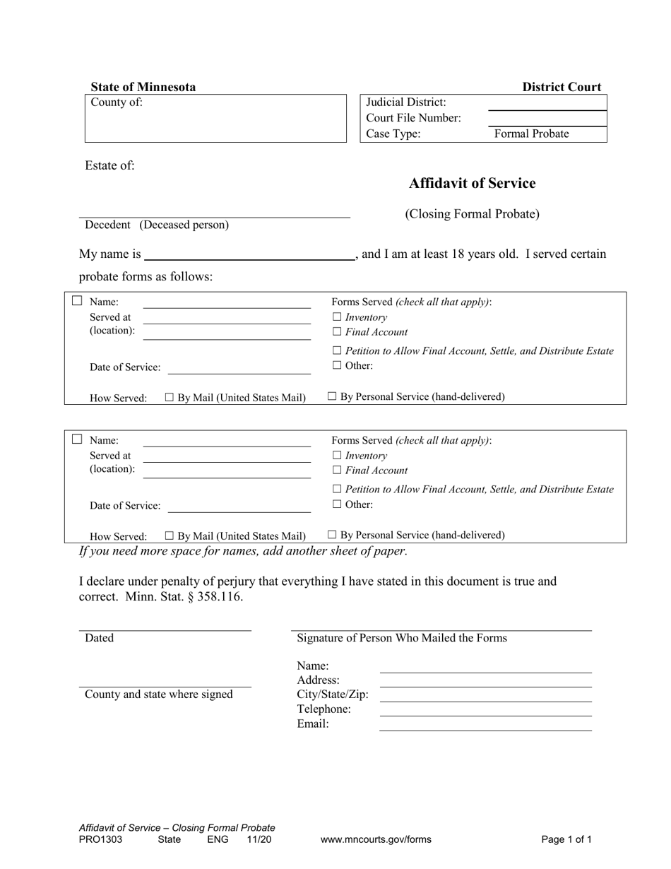 Form PRO1303 Affidavit of Service (Closing Formal Probate) - Minnesota, Page 1