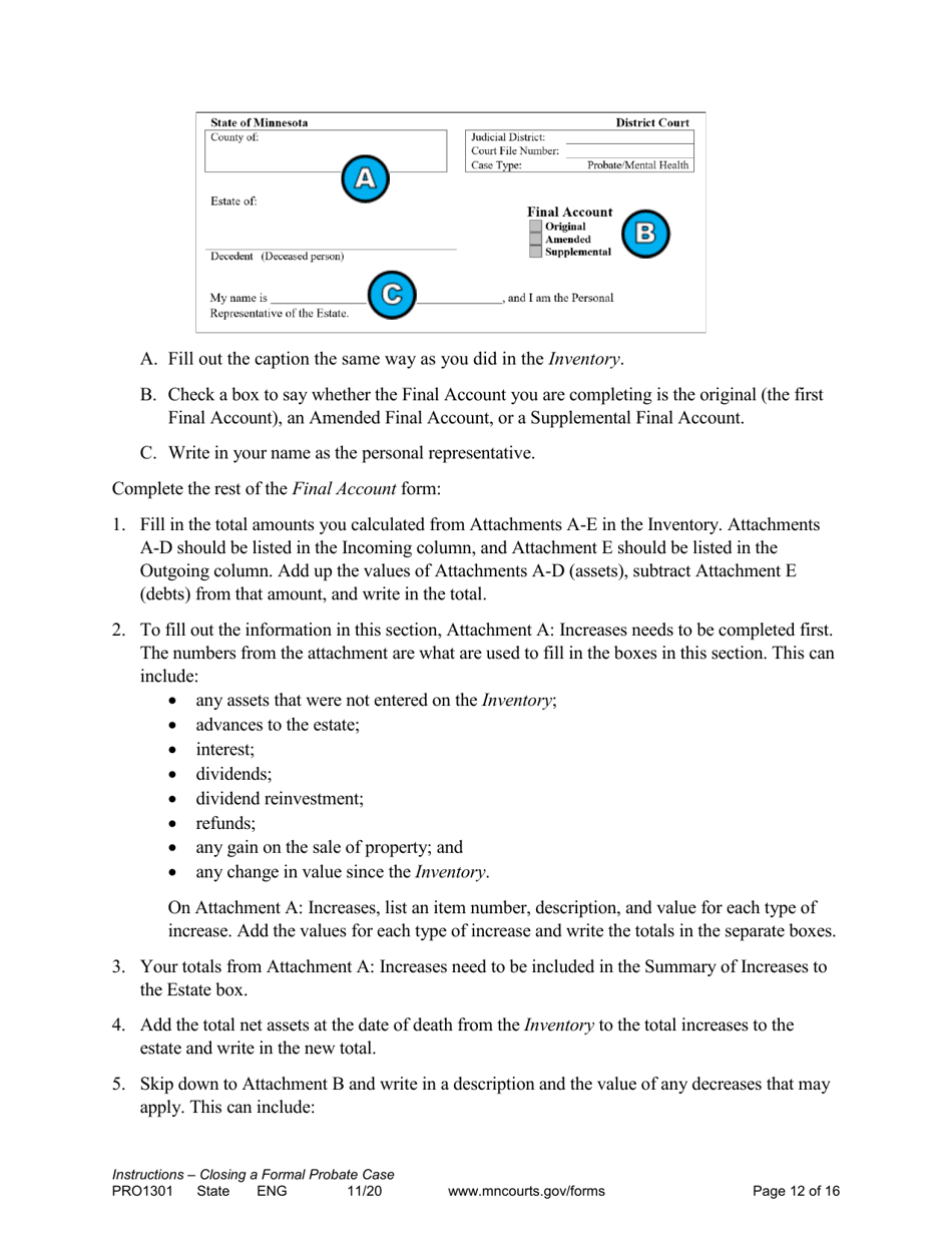 Form PRO1301 Instructions - Closing a Formal Probate Case - Minnesota, Page 12