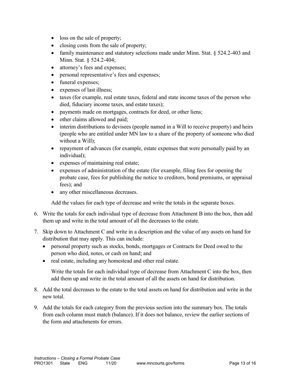 Form PRO1301 Instructions - Closing a Formal Probate Case - Minnesota, Page 13