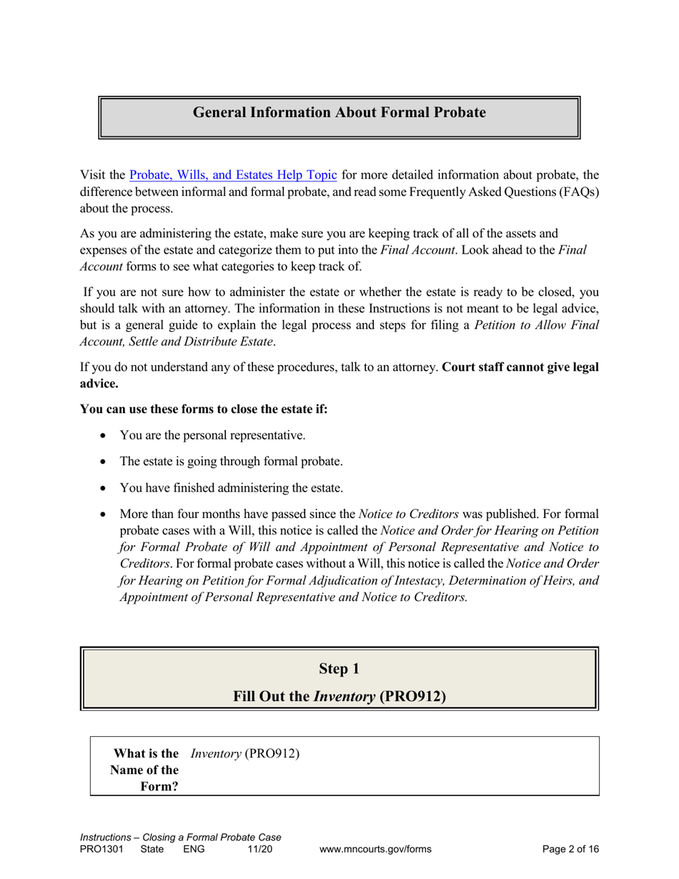 Form PRO1301 Instructions - Closing a Formal Probate Case - Minnesota, Page 2