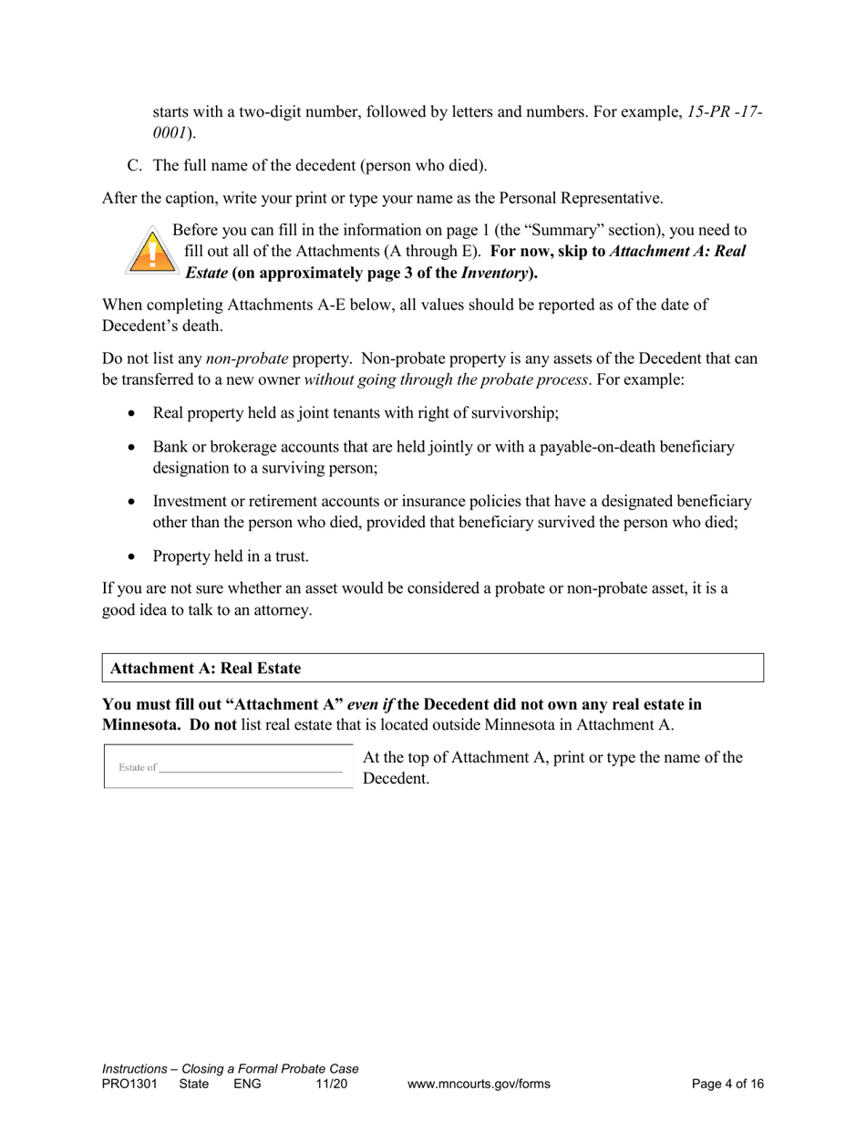 Form PRO1301 Instructions - Closing a Formal Probate Case - Minnesota, Page 4