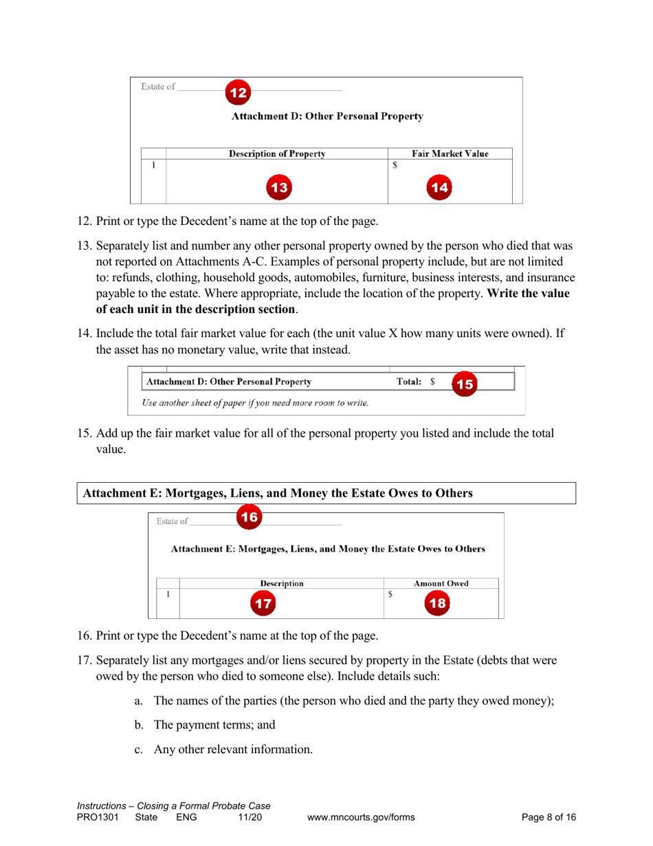 Form PRO1301 Instructions - Closing a Formal Probate Case - Minnesota, Page 8