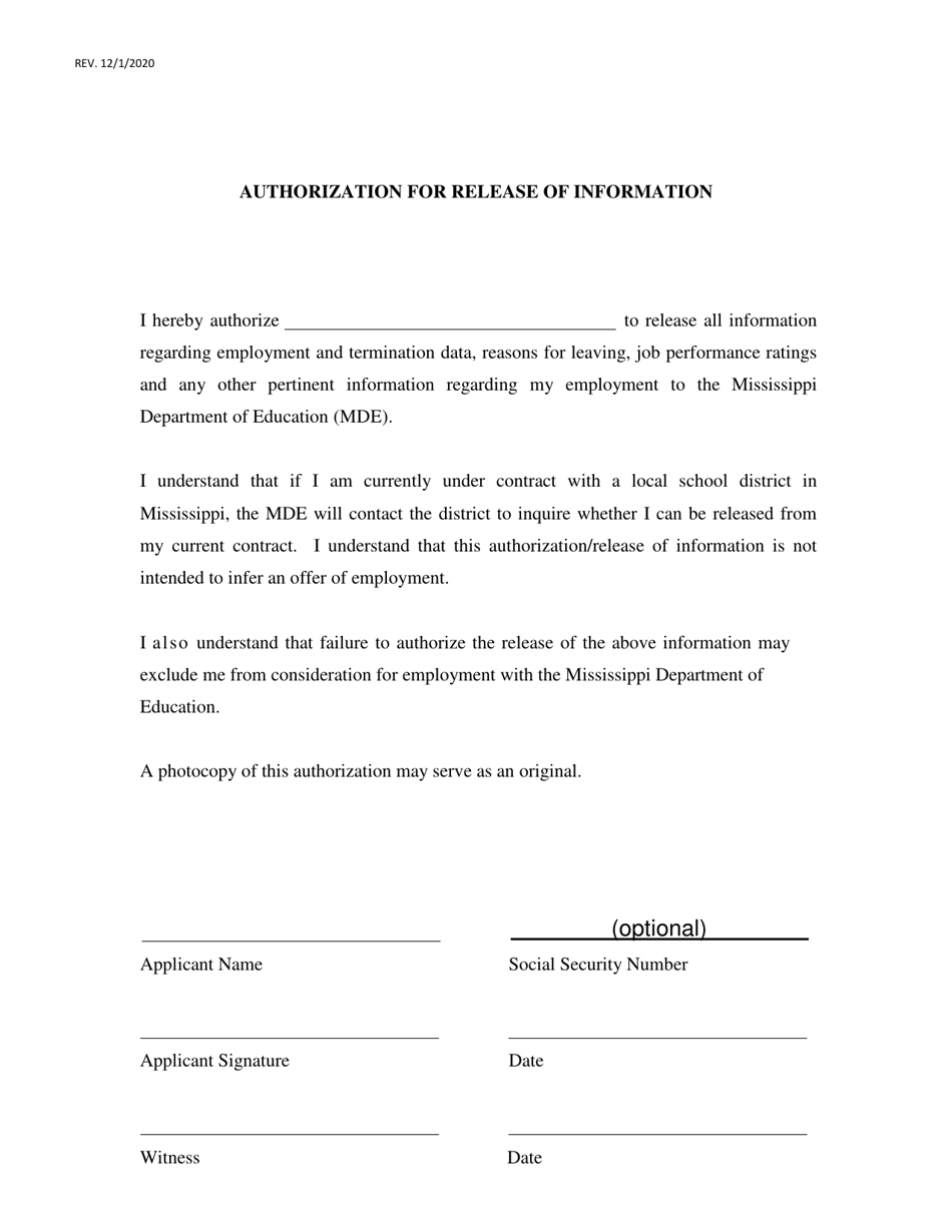 Authorization for Release of Information - Mississippi, Page 1