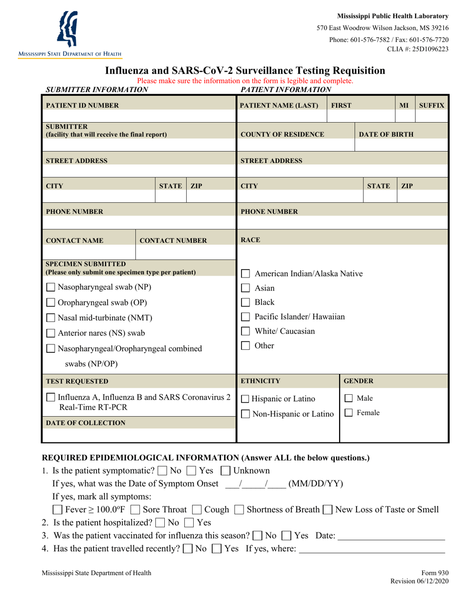 Form 930 Influenza and Sars-Cov-2 Surveillance Testing Requisition - Mississippi, Page 1