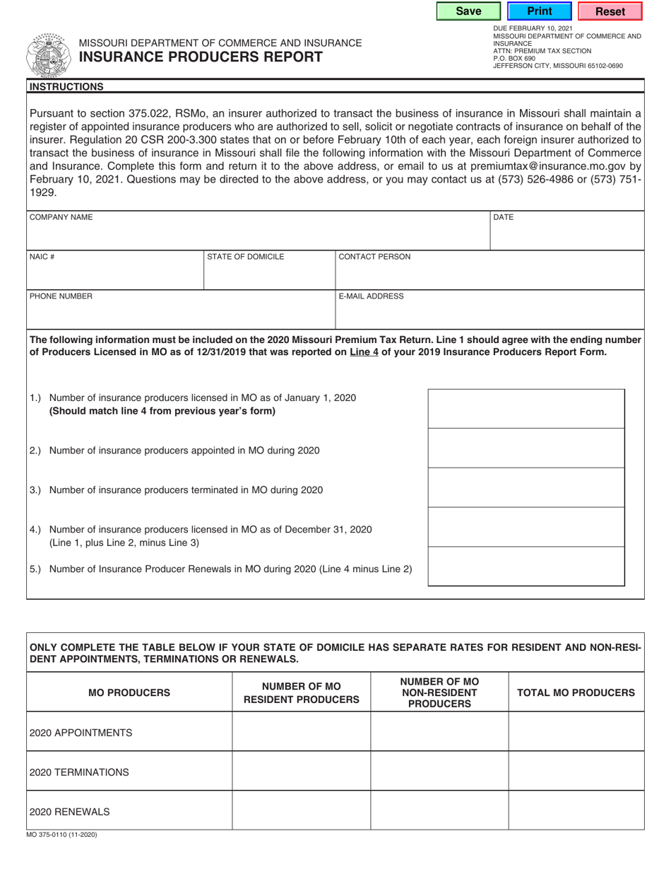 Form MO375-0110 Insurance Producers Report - Missouri, Page 1