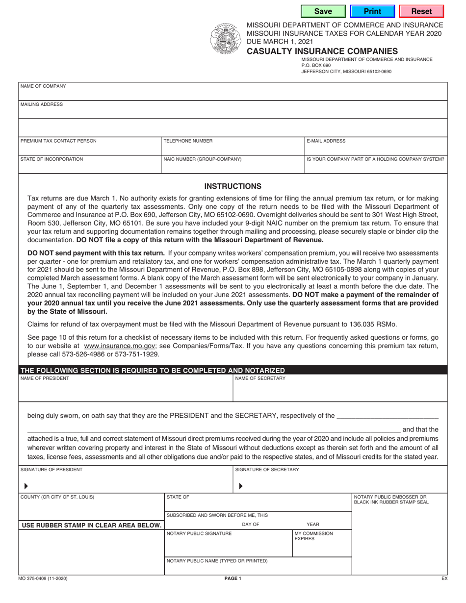 Form MO-375-0409 Casualty Insurance Companies - Missouri, Page 1