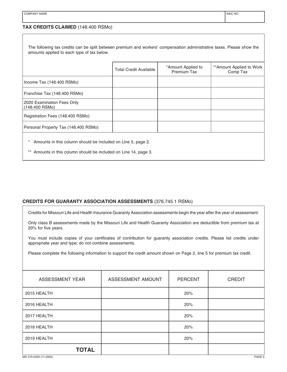 Form MO-375-0409 Casualty Insurance Companies - Missouri, Page 6