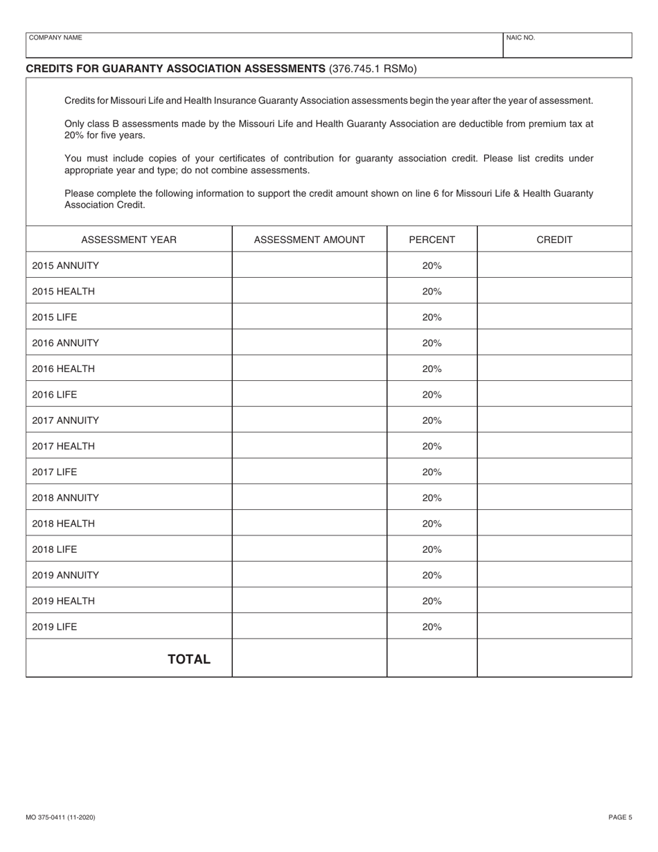 Form MO375-0411 Life Insurance Companies - Missouri, Page 5