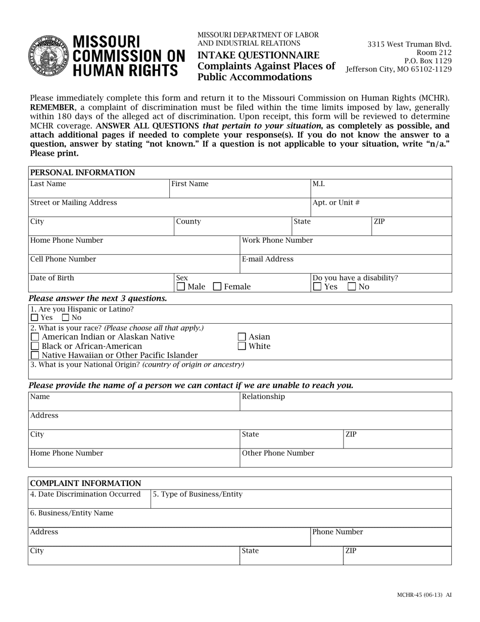 Form MCHR-45 Intake Questionnaire - Complaints Against Places of Public Accommodations - Missouri, Page 1