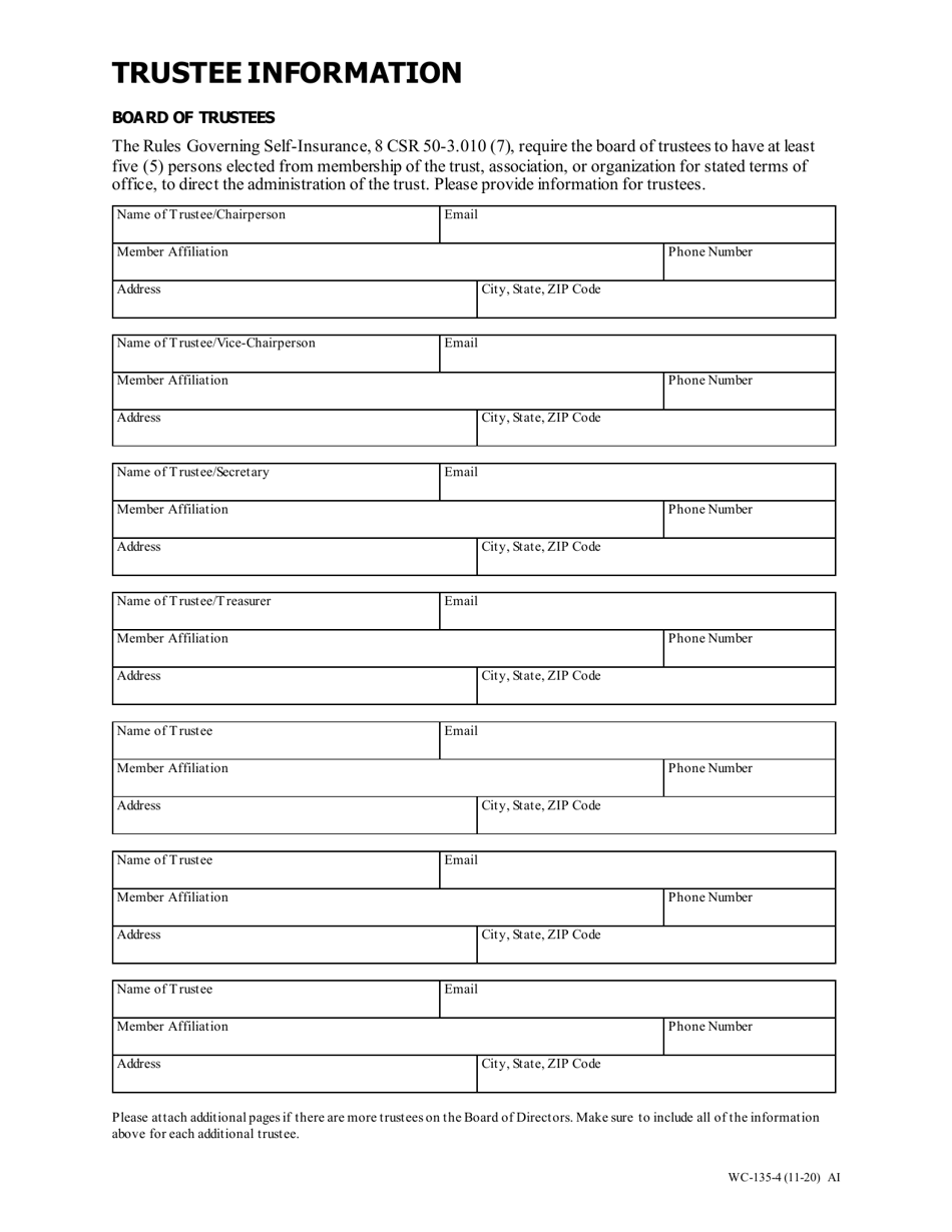 Form WC-135 Workers Compensation Trust Self-insurance Annual Reporting - Missouri, Page 4