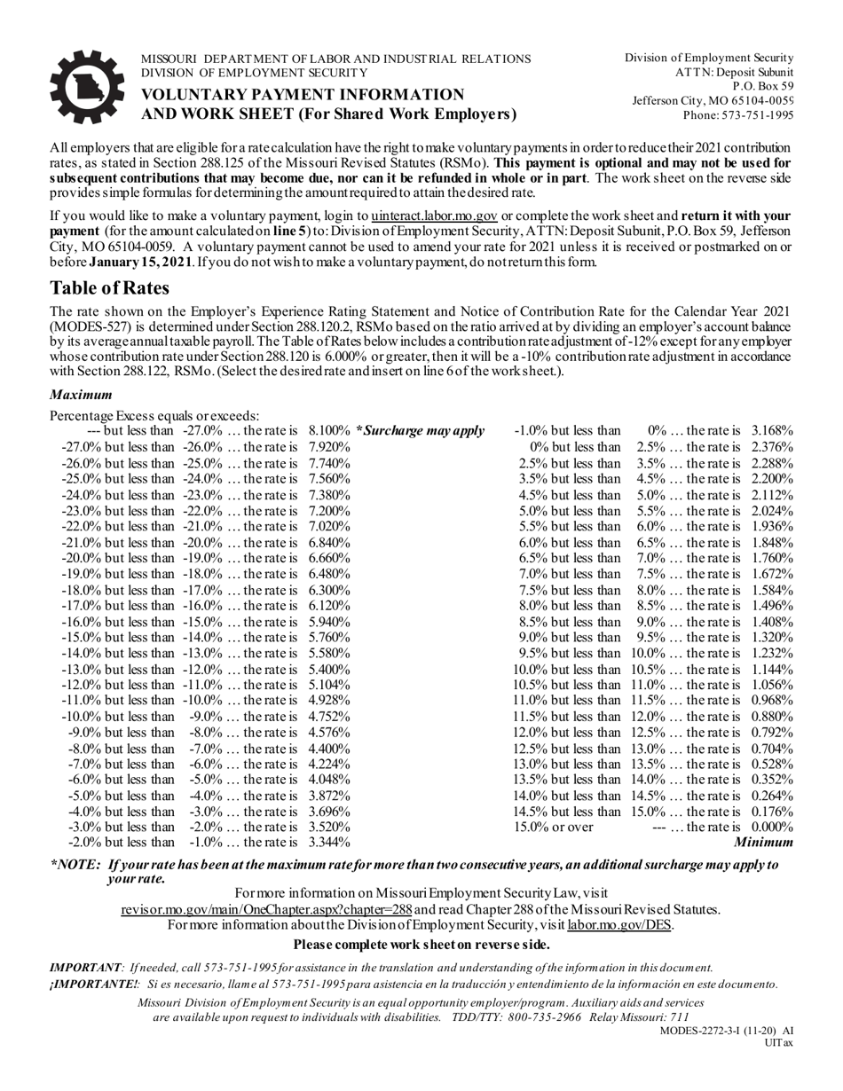 Form MODES-2272-3-I Voluntary Payment Work Sheet (For Shared Work Employers) - Missouri, Page 1