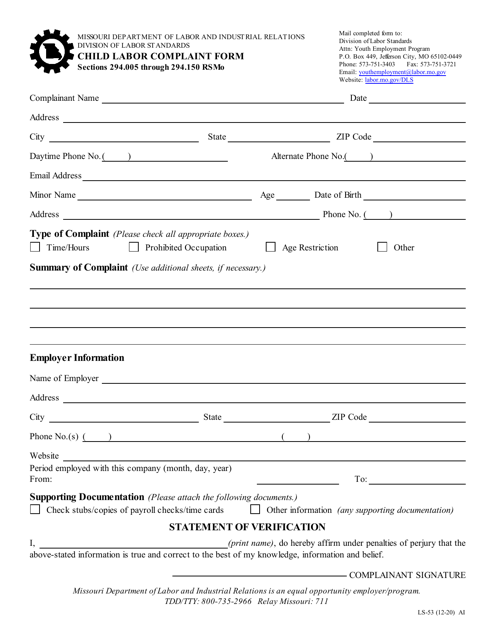 Form LS-53 Child Labor Complaint Form - Missouri