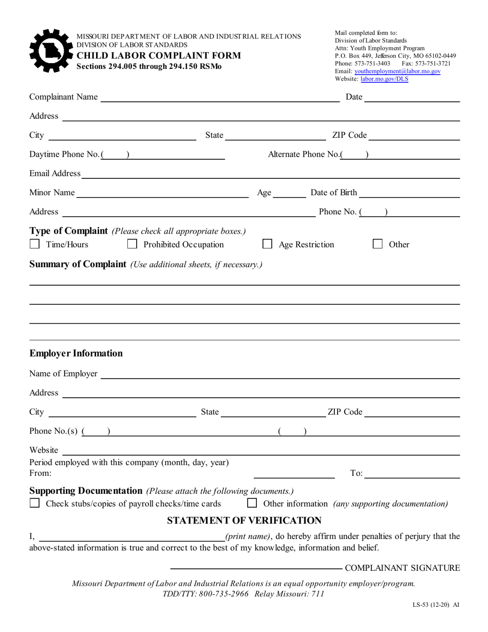 Form Ls-53 Download Fillable Pdf Or Fill Online Child Labor Complaint 