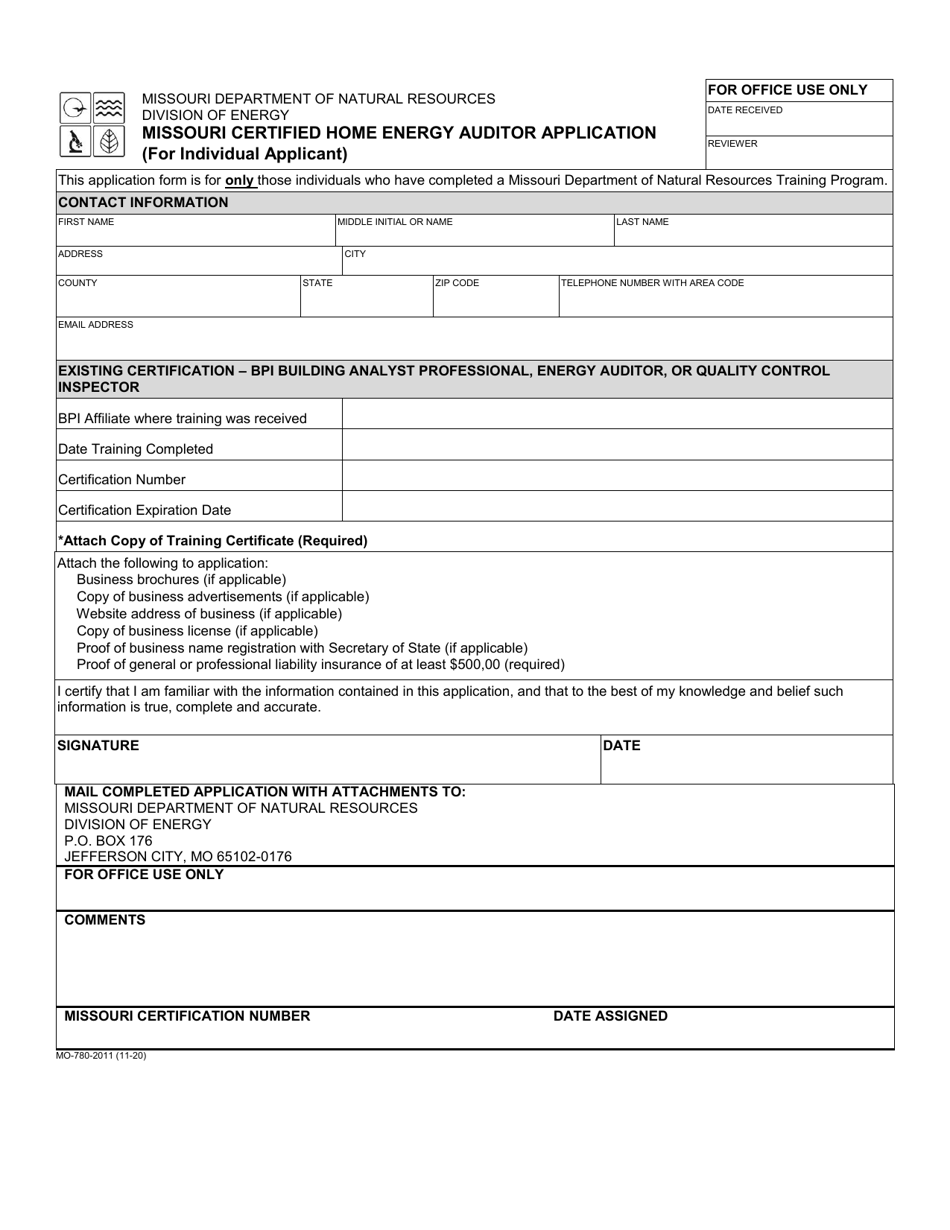 Form MO780-2011 Missouri Certified Home Energy Auditor Application (For Individual Applicant) - Missouri, Page 1