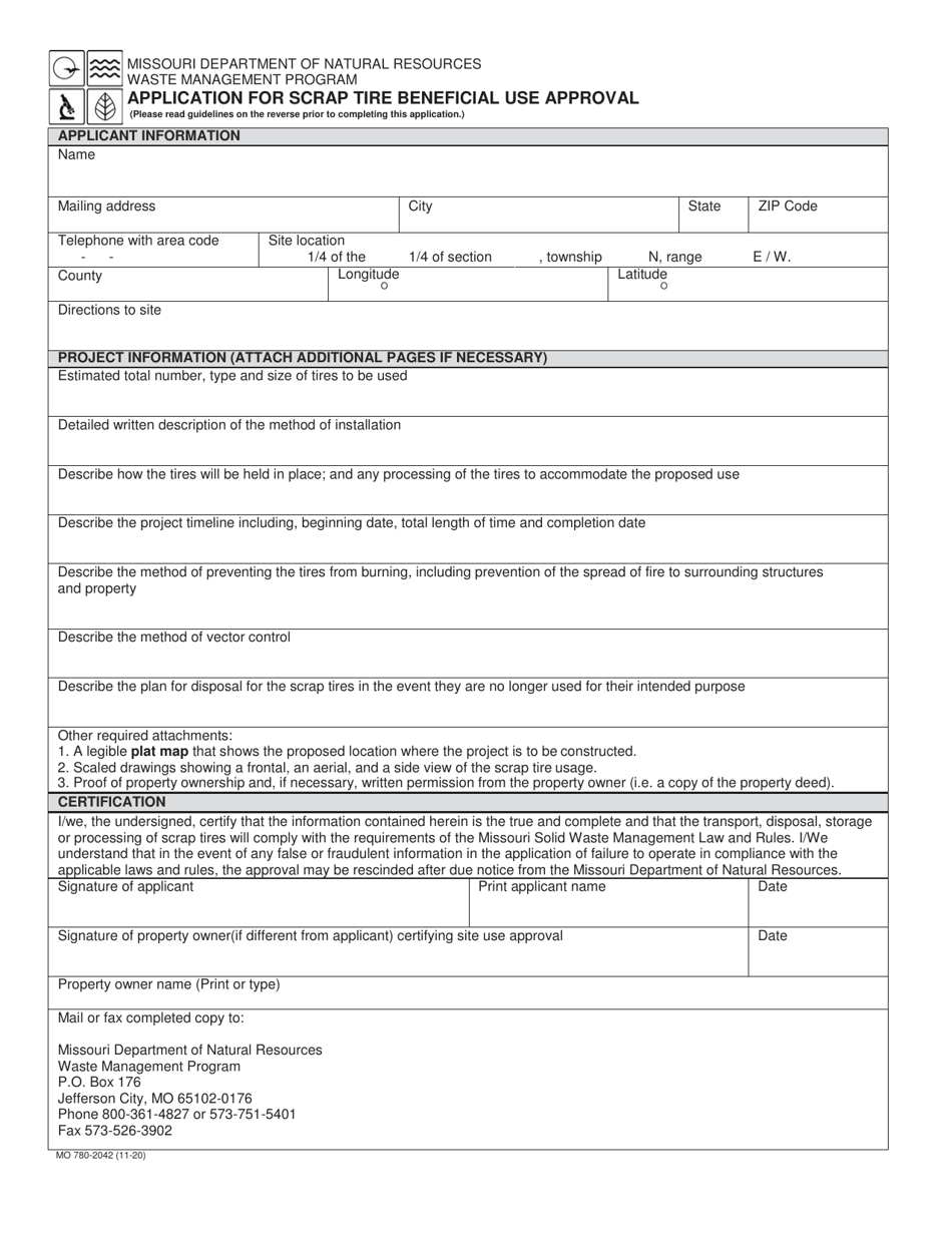 Form MO780-2042 Application for Scrap Tire Beneficial Use Approval - Missouri, Page 1
