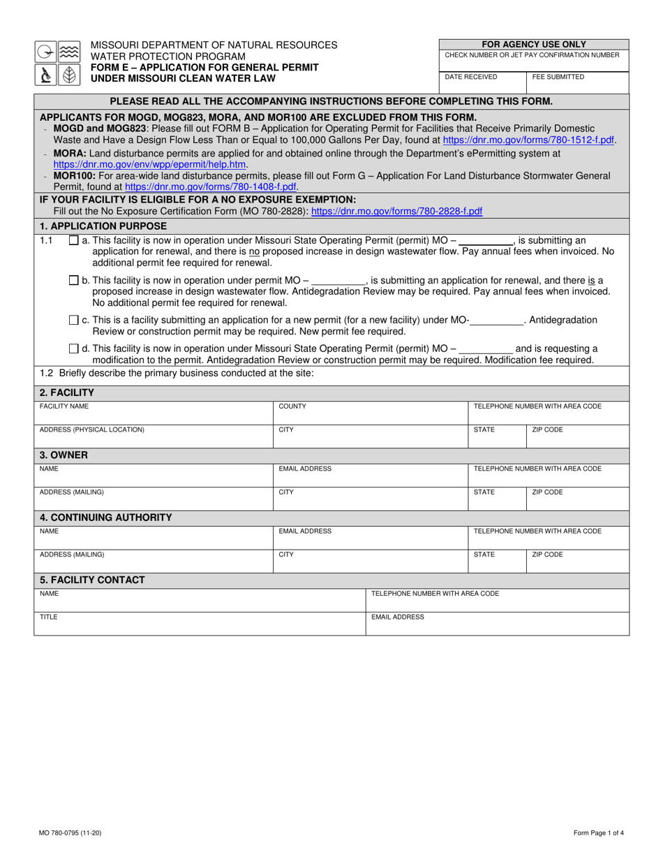 Form E (MO780-0795) Application for General Permit Under Missouri Clean Water Law - Missouri, Page 1