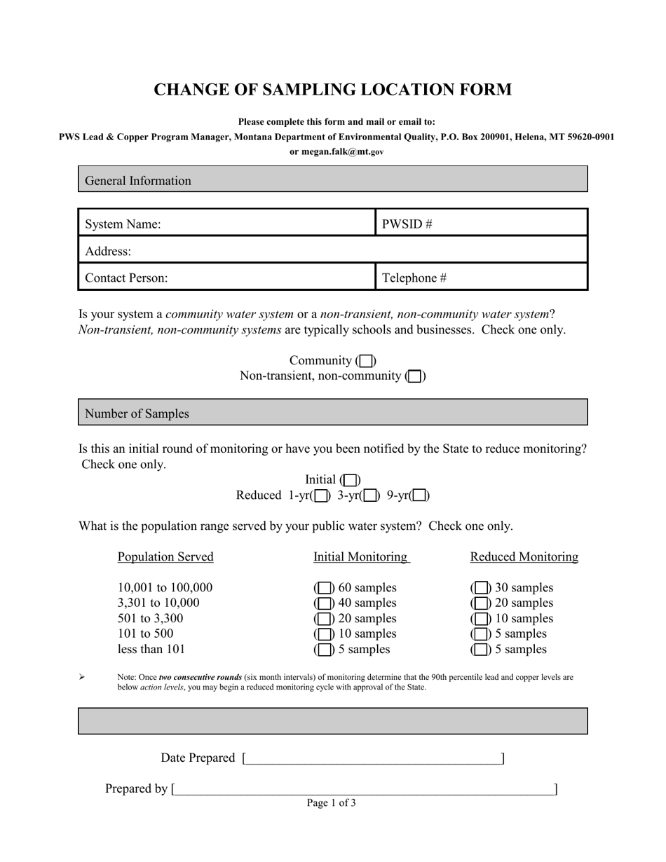 Change of Sampling Location Form - Montana, Page 1