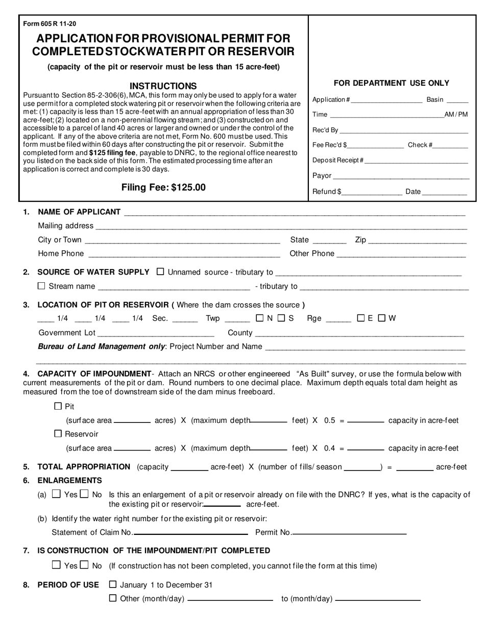 Form 605 Application for Provisional Permit for Completed Stockwater Pit or Reservoir - Montana, Page 1