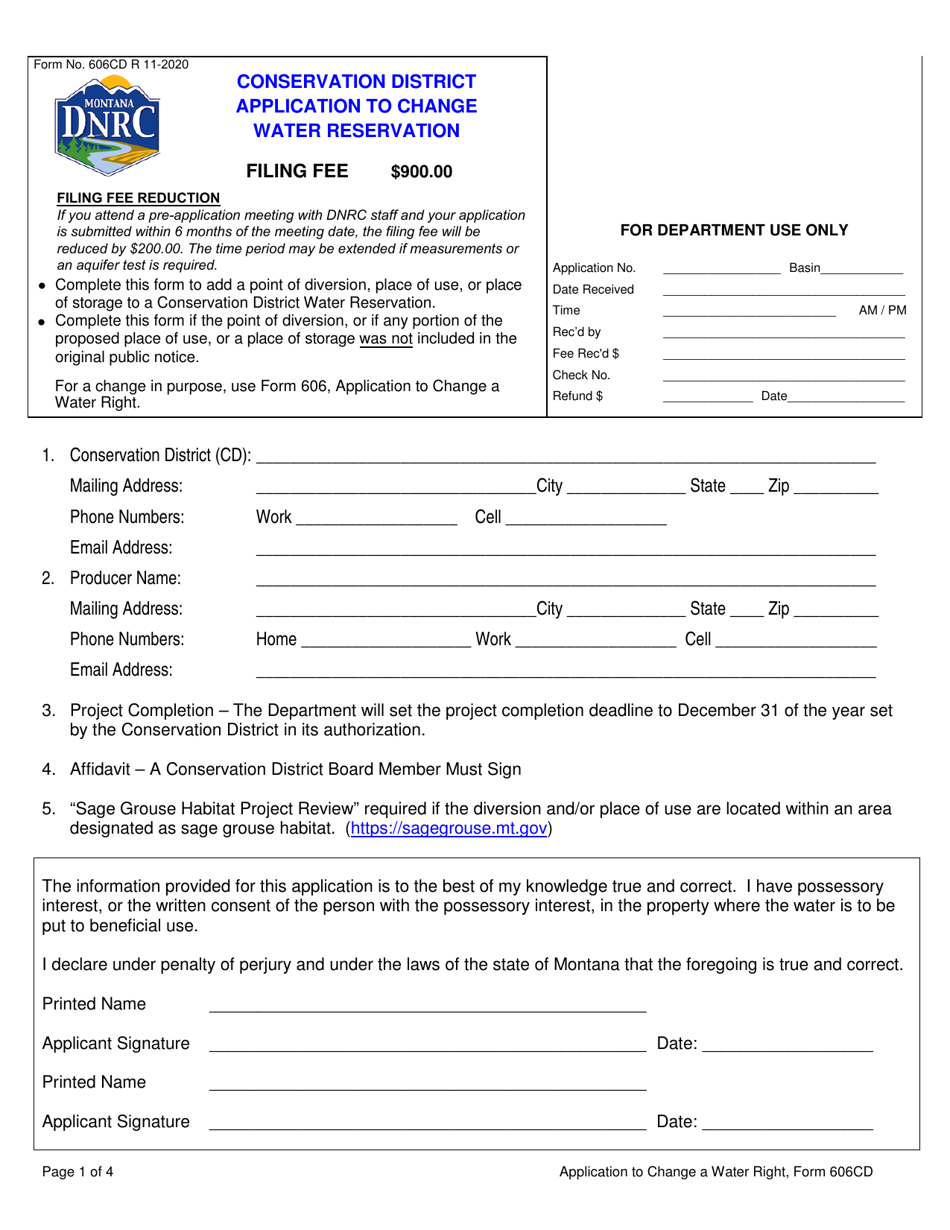 Form 606CD Conservation District Application to Change Water Reservation - Montana, Page 1