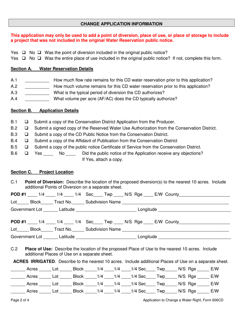 Form 606CD Conservation District Application to Change Water Reservation - Montana, Page 2