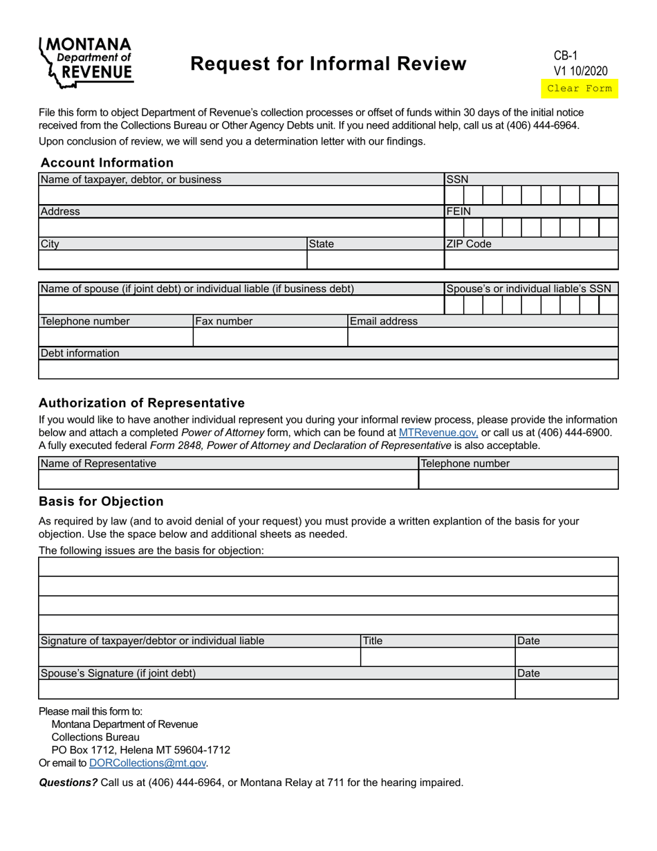 Form CB-1 Request for Informal Review - Montana, Page 1