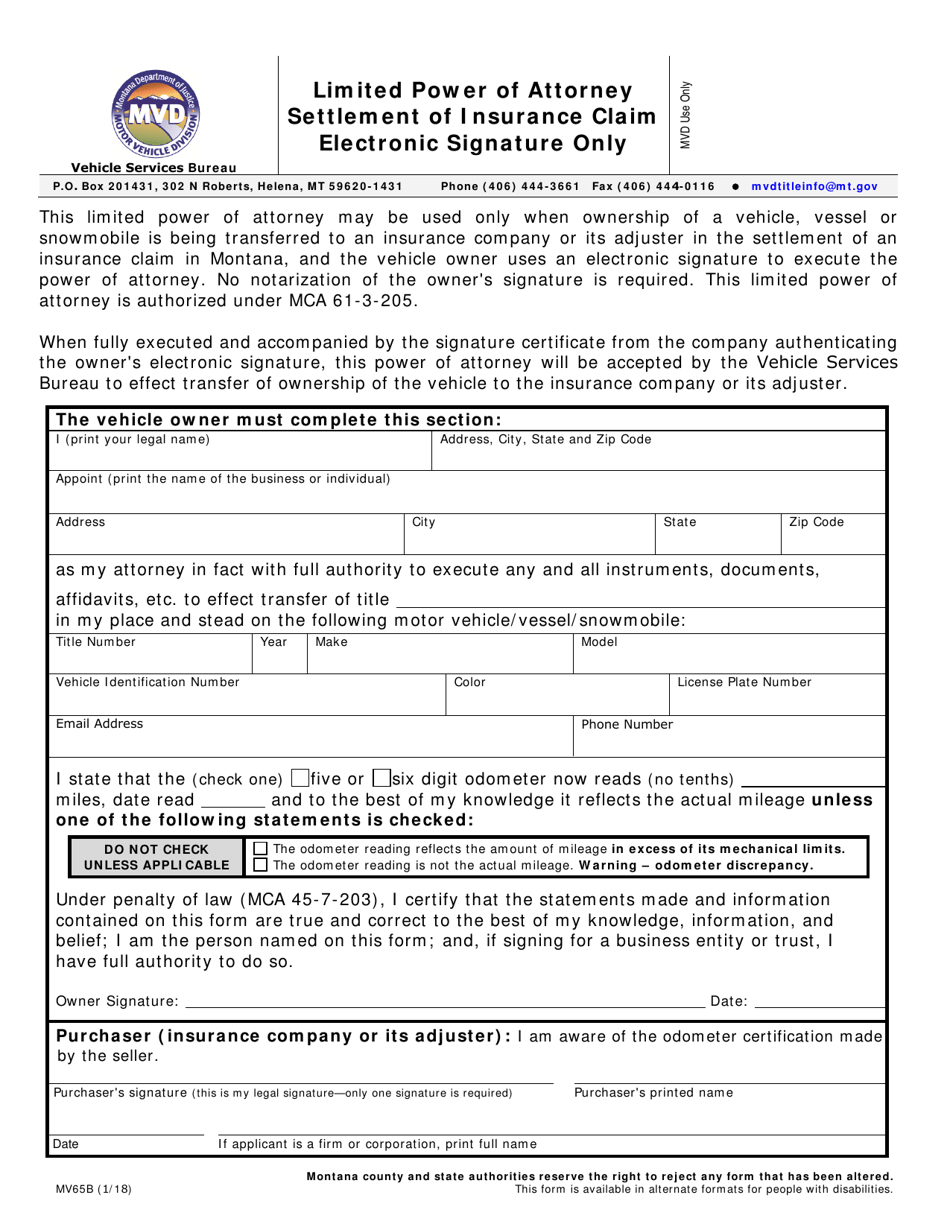 Form MV65B Limited Power of Attorney Settlement of Insurance Claim - Montana, Page 1
