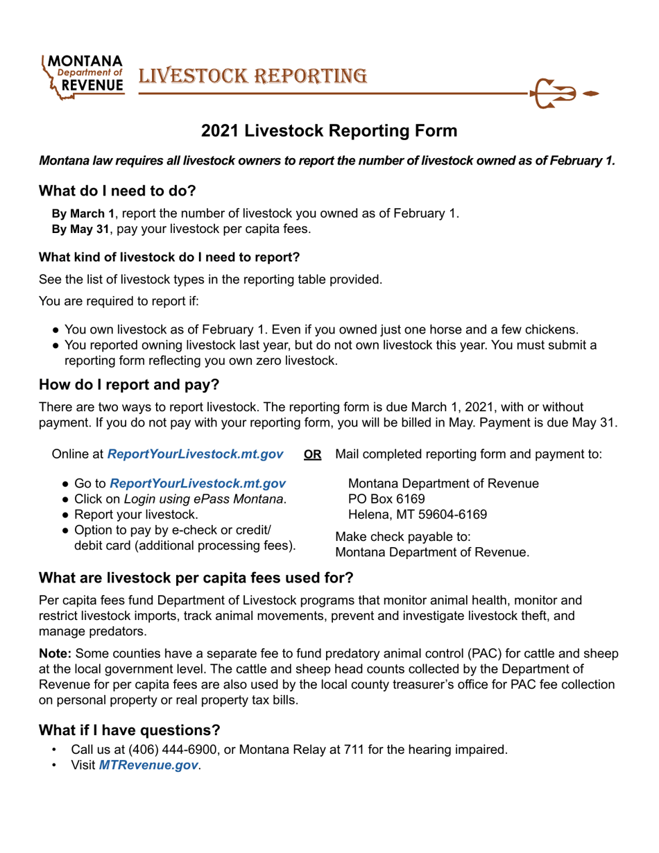 2021 Montana Livestock Reporting Form Download Fillable PDF