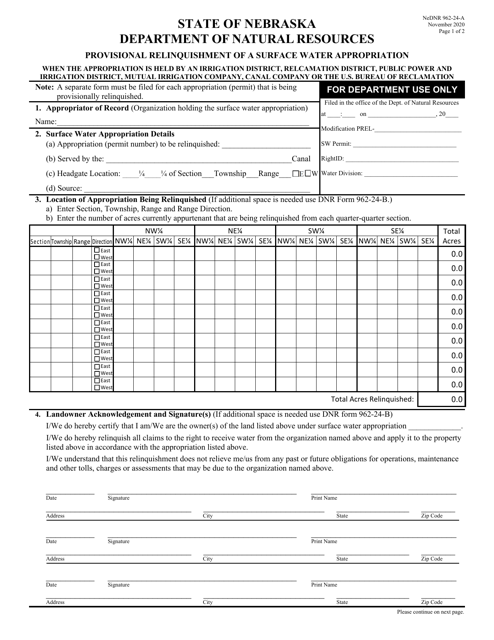 DNR Form 962.24-A Provisional Relinquishment of a Surface Water Appropriation - Nebraska