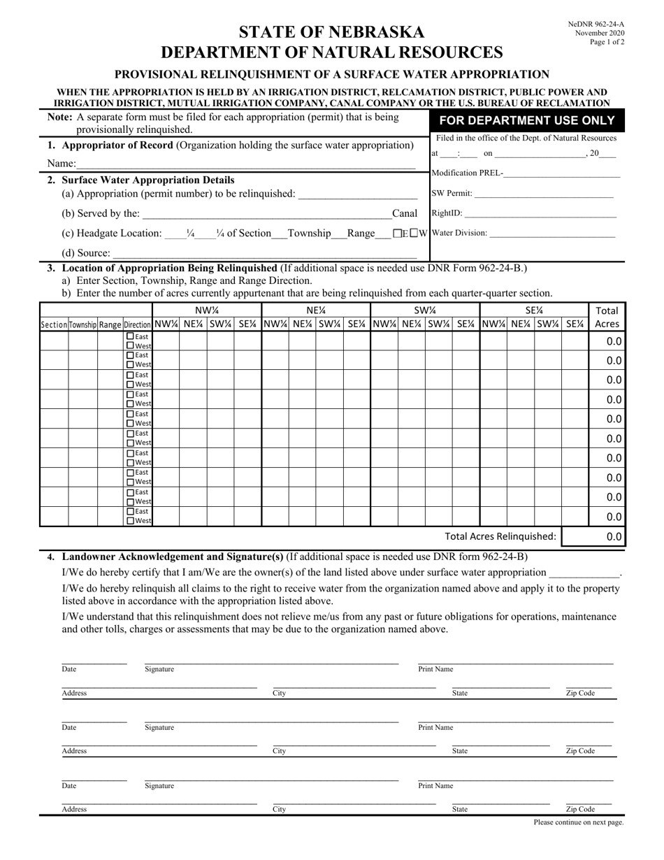 DNR Form 962.24-A Provisional Relinquishment of a Surface Water Appropriation - Nebraska, Page 1