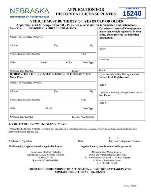 Application for Historical License Plates - Nebraska Download Pdf