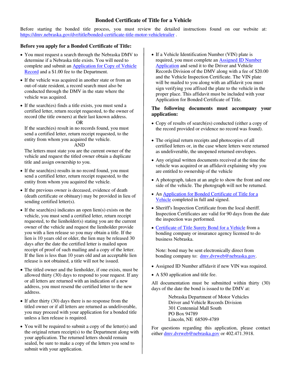 Nebraska Application for Bonded Certificate of Title for a Vehicle