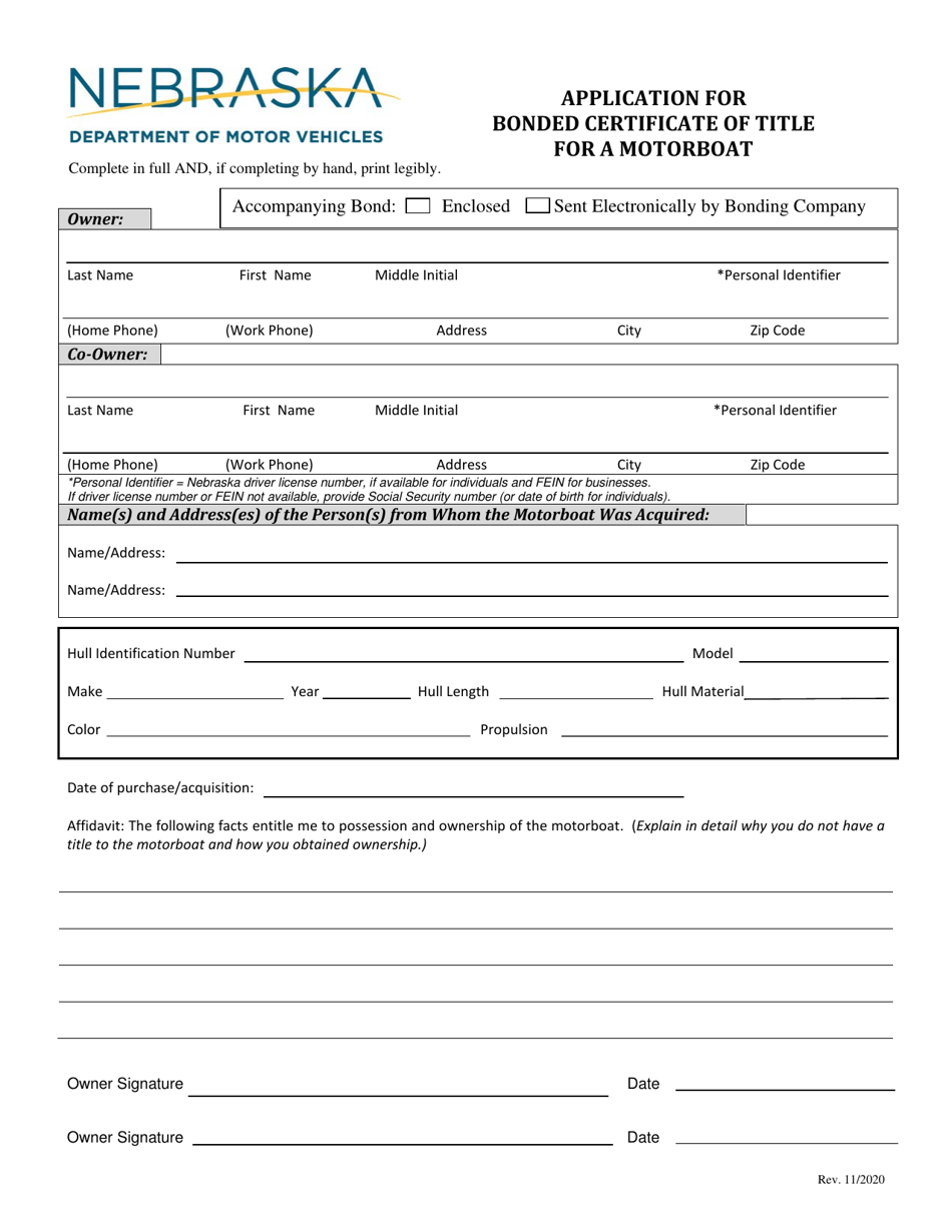 Nebraska Application for Bonded Certificate of Title for a Motorboat