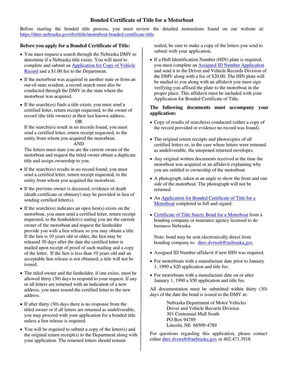 Application for Bonded Certificate of Title for a Motorboat - Nebraska, Page 2