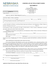 Document preview: Certificate of Title Surety Bond - Motorboat - Nebraska