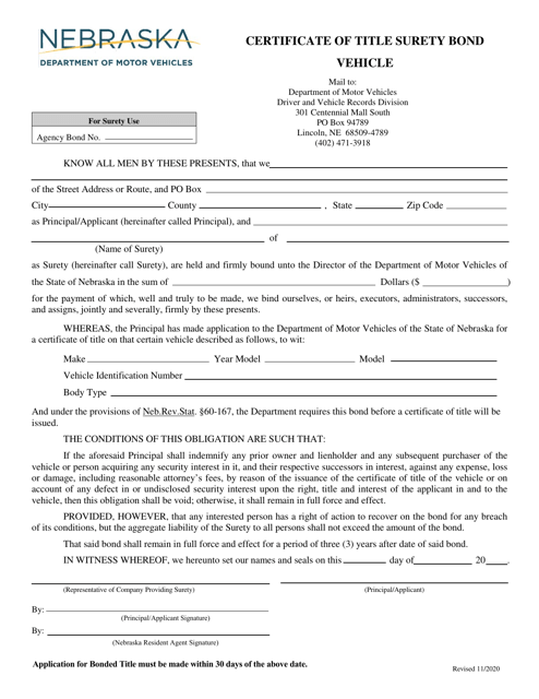 Nebraska Certificate of Title Surety Bond - Vehicle - Fill Out, Sign ...