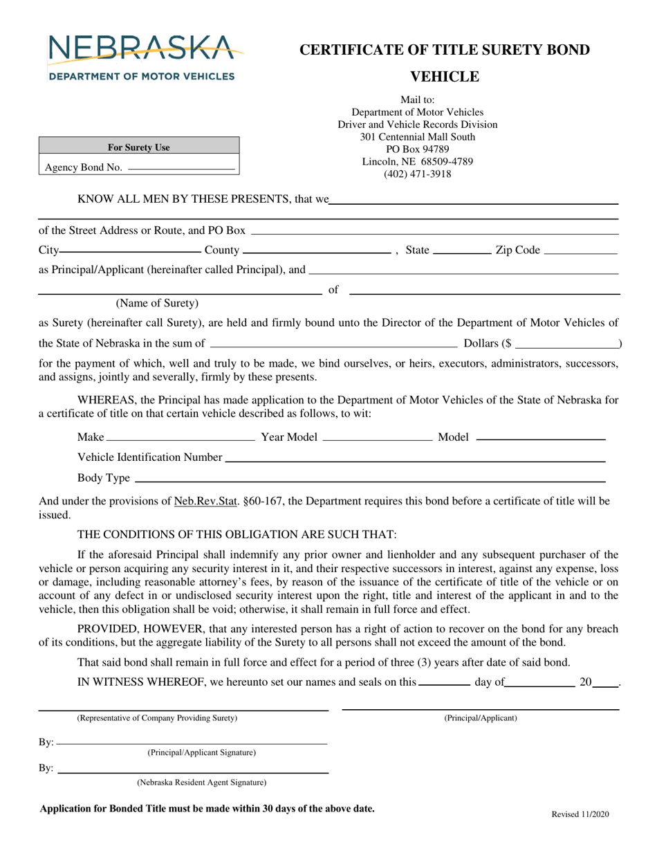 Certificate of Title Surety Bond - Vehicle - Nebraska, Page 1