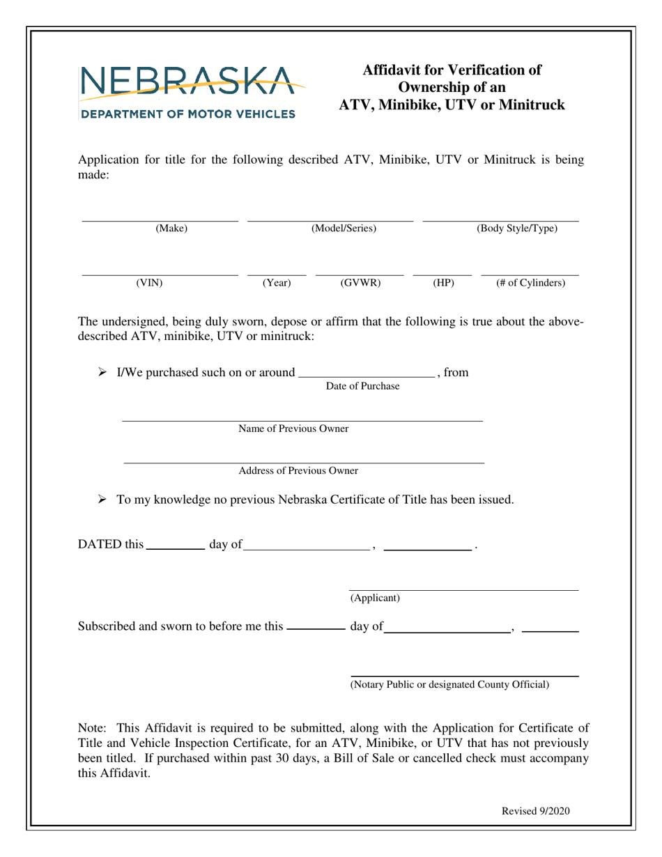 Affidavit for Verification of Ownership of an Atv, Minibike, Utv or Minitruck - Nebraska, Page 1