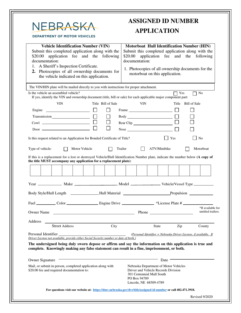 Assigned Id Number Application - Nebraska, Page 1