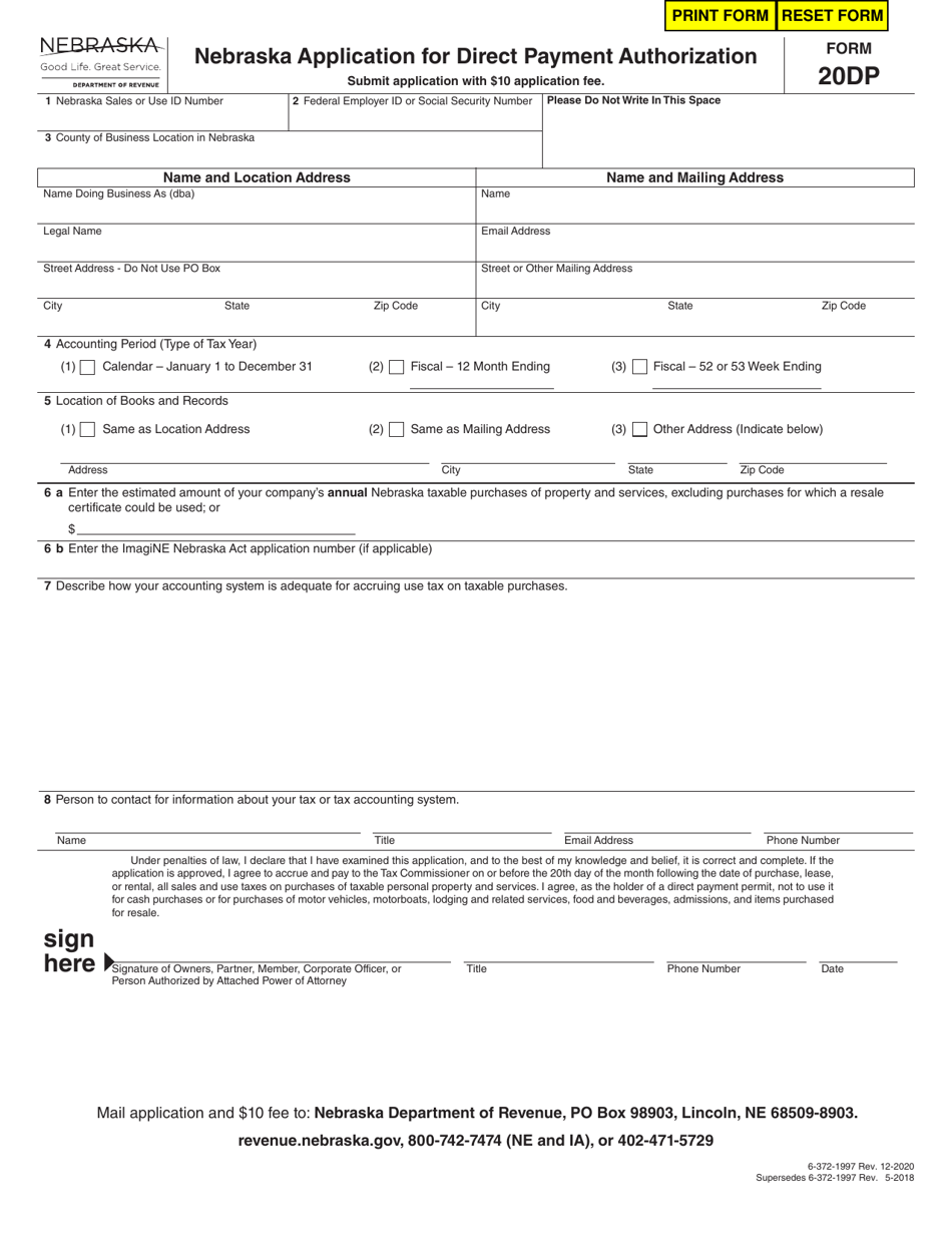 Form 20DP (6-372-1997) Nebraska Application for Direct Payment Authorization - Nebraska, Page 1