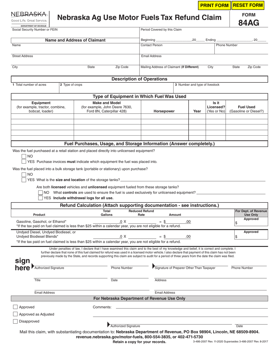 Form 84AG (3-486-2007) Nebraska Ag Use Motor Fuels Tax Refund Claim - Nebraska, Page 1