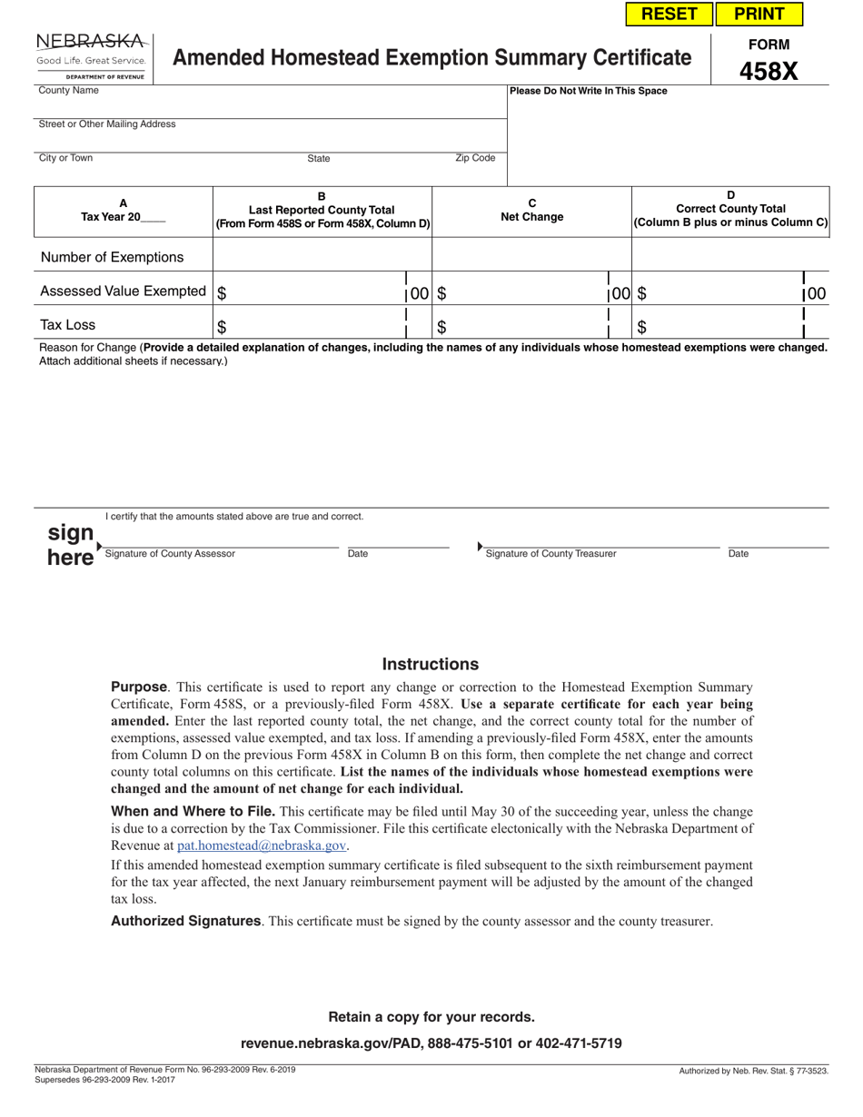 Form 458X Download Fillable PDF or Fill Online Amended Homestead