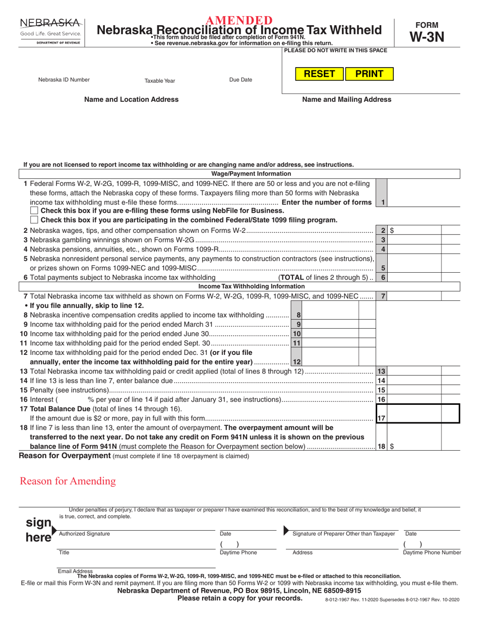 Form W-3N Amended Nebraska Reconciliation of Income Tax Withheld - Nebraska, Page 1
