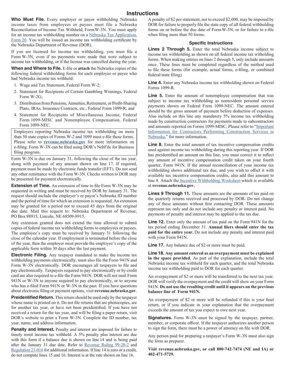 Form W-3N Amended Nebraska Reconciliation of Income Tax Withheld - Nebraska, Page 2