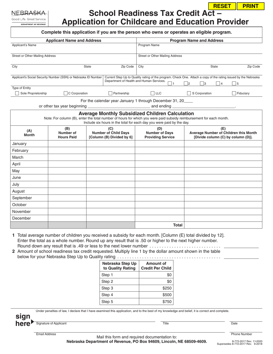 Form 8-772-2017 School Readiness Tax Credit Act - Application for Childcare and Education Provider - Nebraska, Page 1